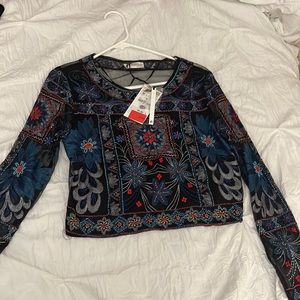 Zara Woman Sheer Long Sleeve Beaded Top